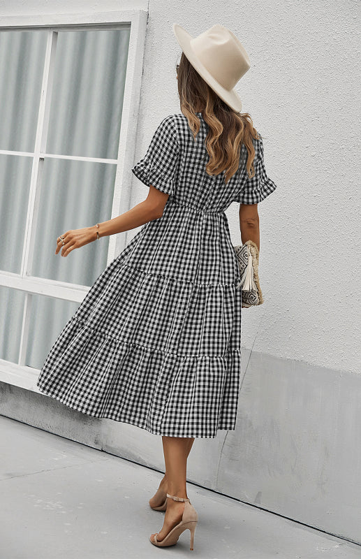 Women's spring and summer sexy big swing skirt plaid temperament dress