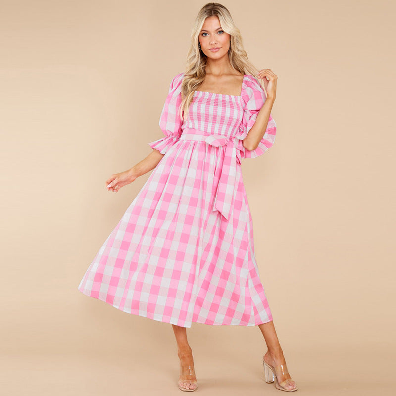 Women's Plaid Waist Wrap Chest Tie Sexy Print Casual Dress