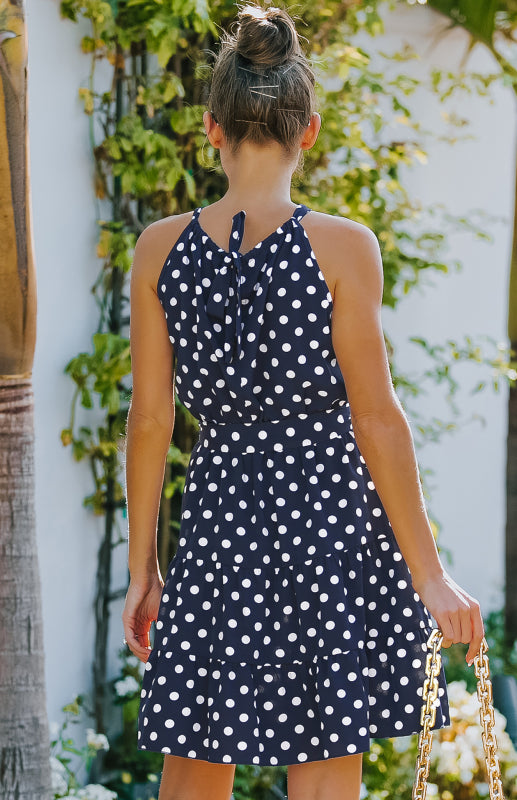 Women's Summer Round Neck Sleeveless Chiffon Polka Dot Dress