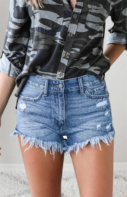 Frayed High Waist Button Zip Pocket Raw Hem Distressed Washed Denim Shorts