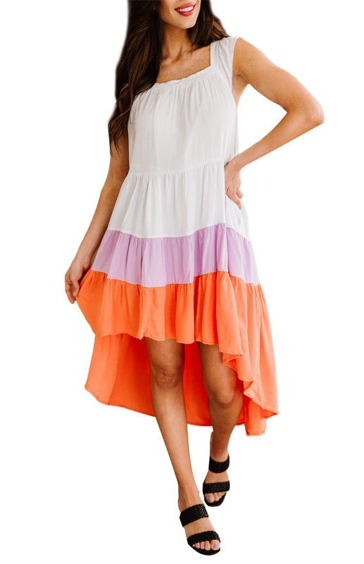 Women's High Low Tiered Colorblock Square Collar Midi Dress