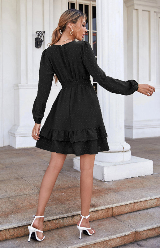 Ladies V-Neck Dress With Long Sleeves And Flounces