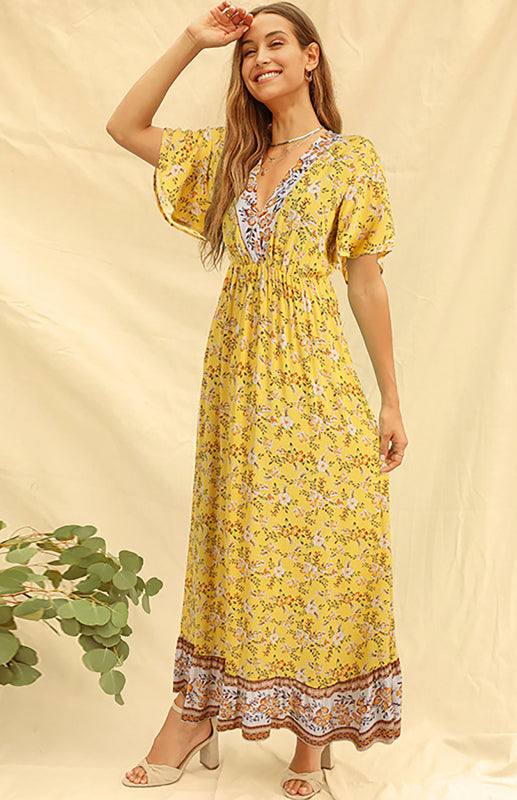 Women's Casual V-Neck Boho Floral Dress