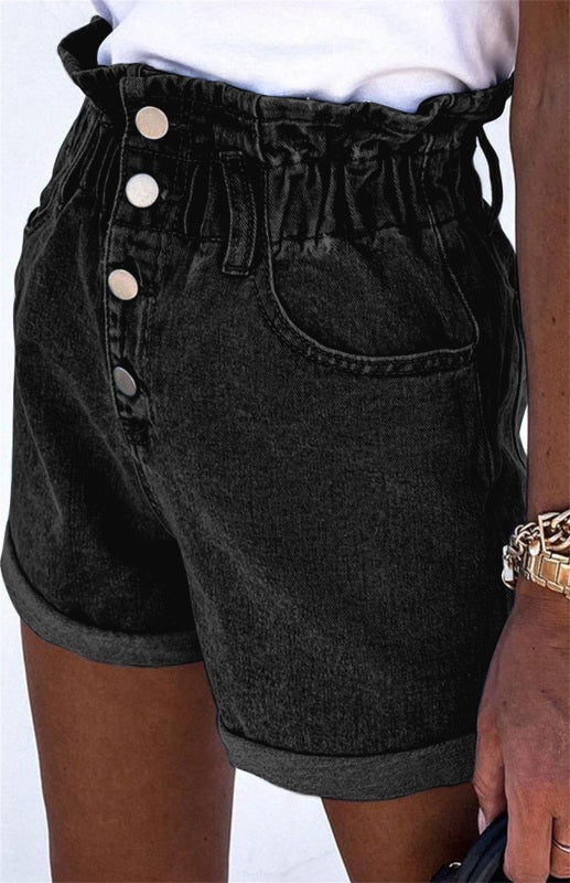 Women's Gray Ruffled High Waist Buttoned Denim Shorts