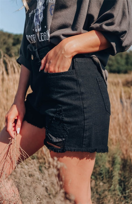 Women's Black Asymmetrical Ripped Denim Shorts