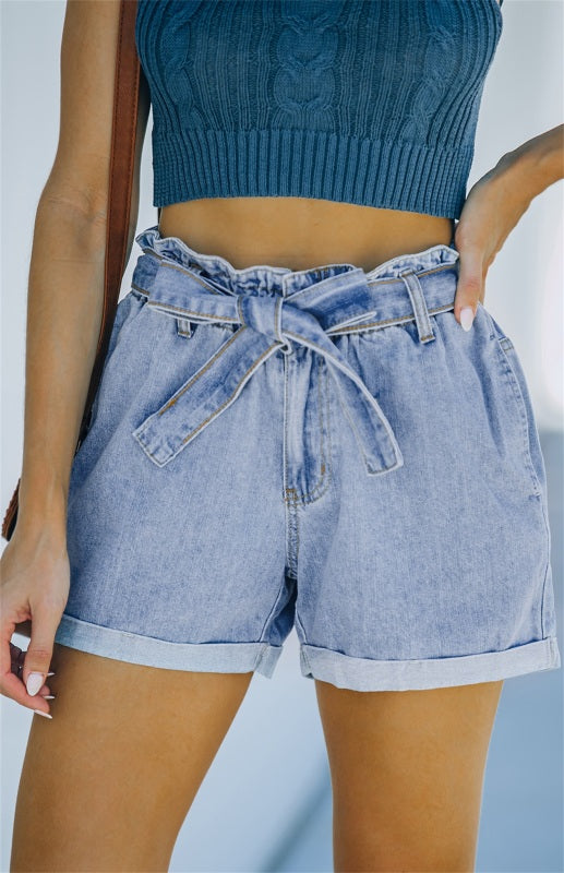 Women's Fashion Paper Bag Waist Denim Shorts