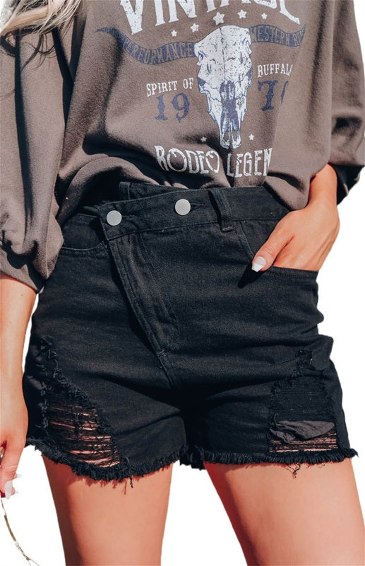 Women's Black Asymmetrical Ripped Denim Shorts