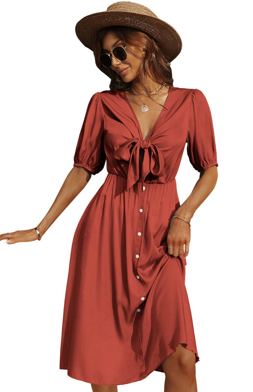 Women's Spring Summer Fashion Single Breasted V Neck Boho Dress