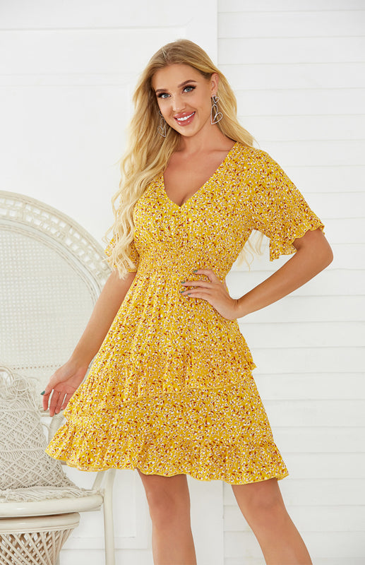 Printed V-Neck Elastic Waist Casual Dress