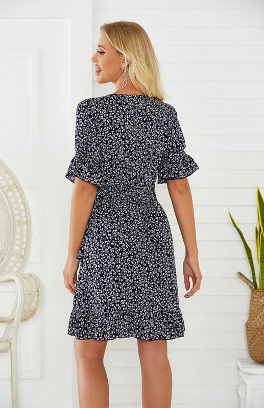 Printed V-Neck Elastic Waist Casual Dress