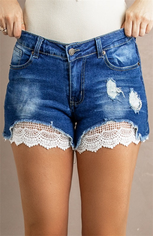 Women's Fashion Lace Splicing Distressed Denim Shorts