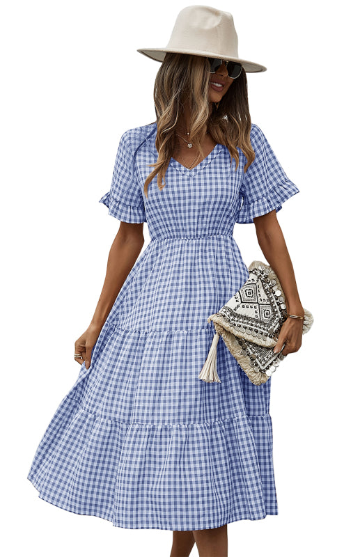 Women's spring and summer sexy big swing skirt plaid temperament dress