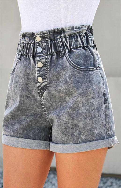 Women's Gray Ruffled High Waist Buttoned Denim Shorts