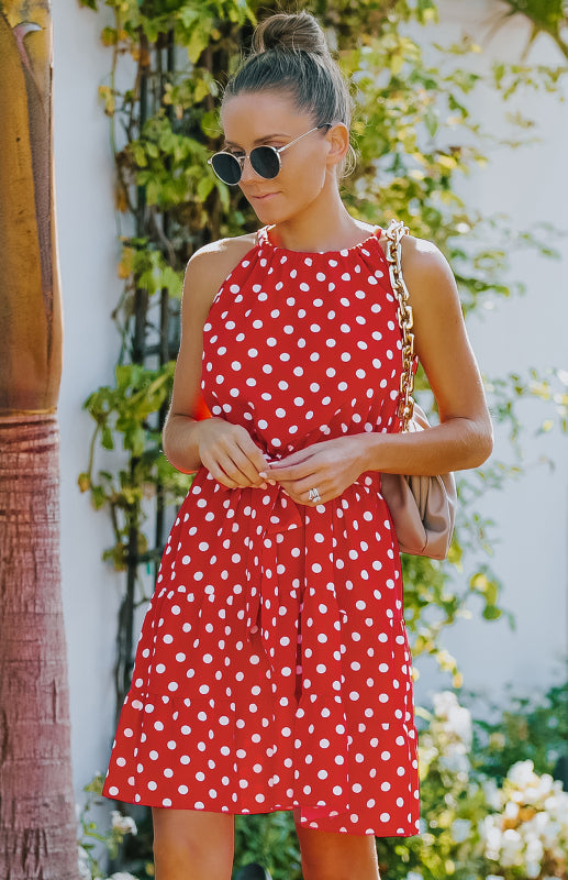 Women's Summer Round Neck Sleeveless Chiffon Polka Dot Dress