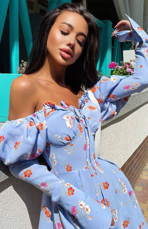 Lace-Up Off Shoulder Collar Printed Shirt Long-Sleeved Dress