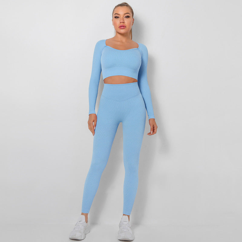 Women's Seamless High Waist Peach Gym Pants Long Sleeve Sports Two-piece Set