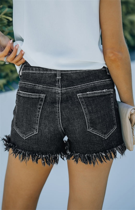 Frayed High Waist Button Zip Pocket Raw Hem Distressed Washed Denim Shorts