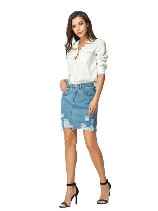 Women's spring and summer ripped denim skirt