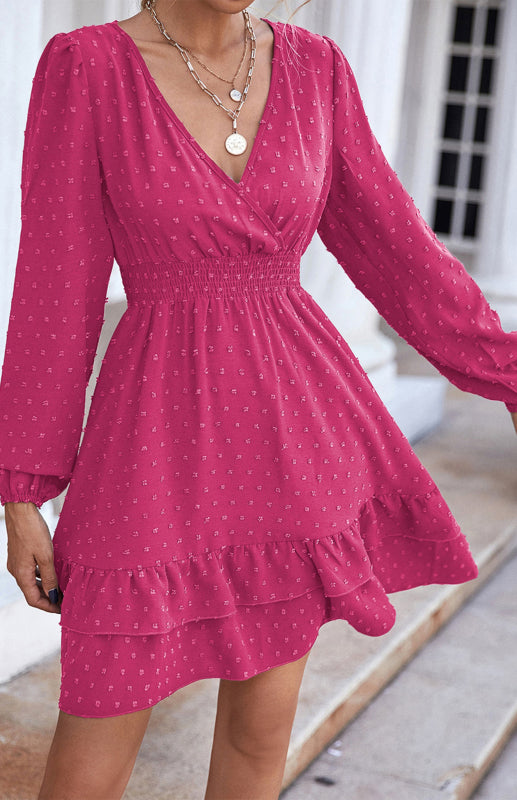 Ladies V-Neck Dress With Long Sleeves And Flounces