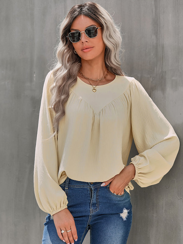 Women’s Loose Fit Solid Color Long Sleeve Linen Blouse With Pleated V Hem Across The Chest