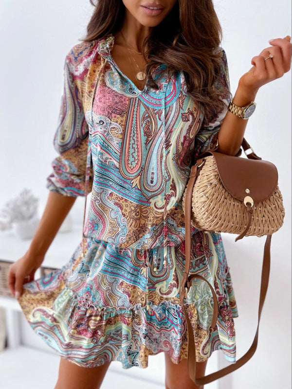 Women's ethnic print long-sleeved dress