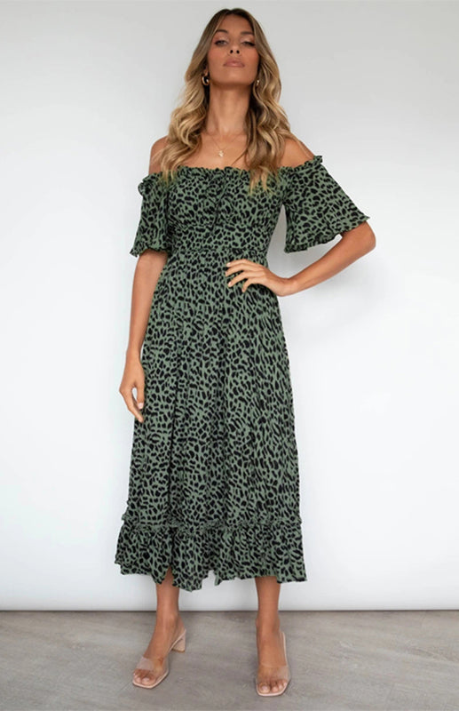 Women's Short-Sleeved, Off-The-Shoulder Leopard Print Dress