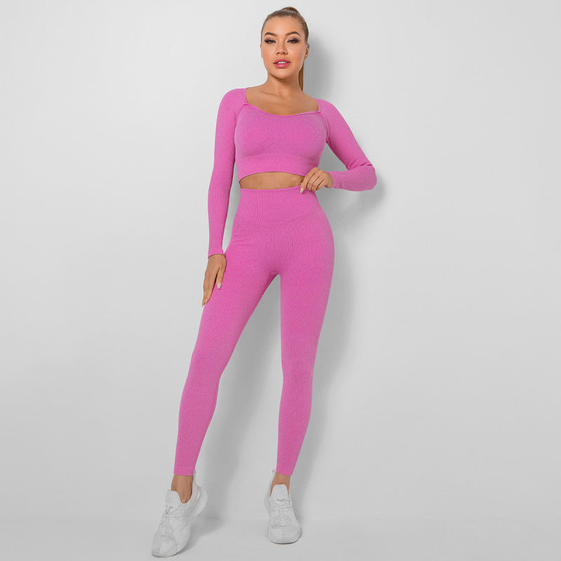 Women's Seamless High Waist Peach Gym Pants Long Sleeve Sports Two-piece Set