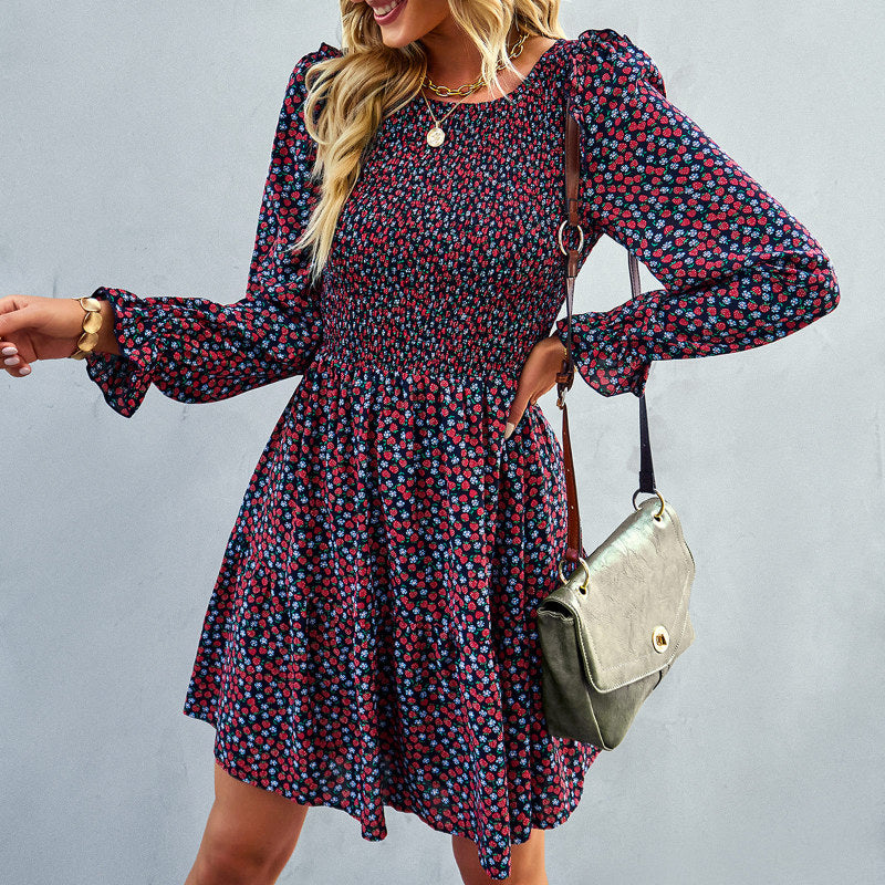 Round neck floral dress spring and summer long-sleeved all-match A-line skirt