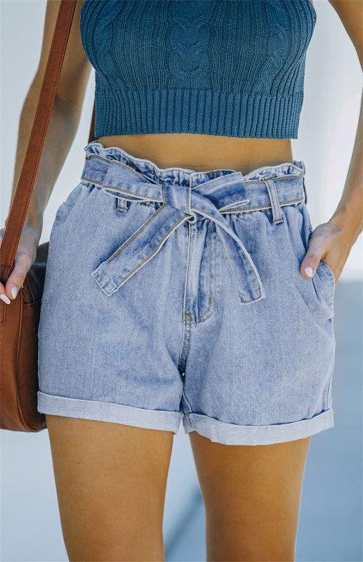 Women's Fashion Paper Bag Waist Denim Shorts