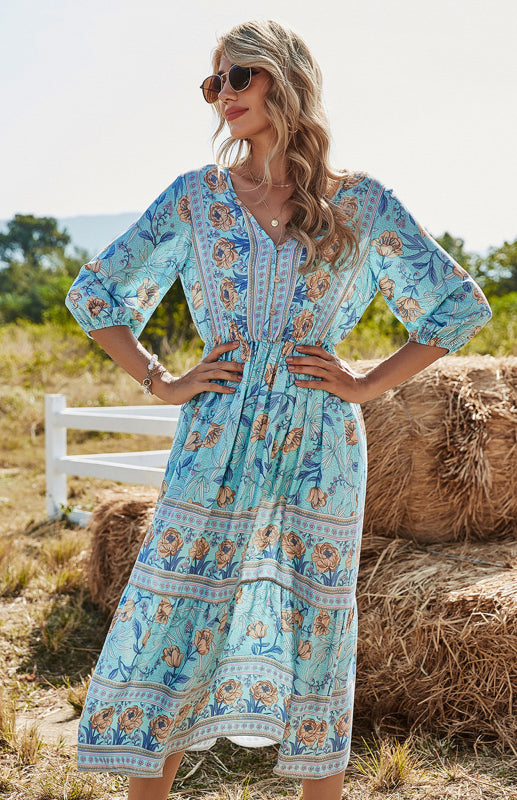 Women'S 3/4 Sleeve Boho Print Maxi Dress