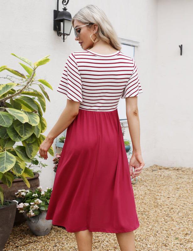 Ladies Casual Fashion Tie Waist Striped Dress