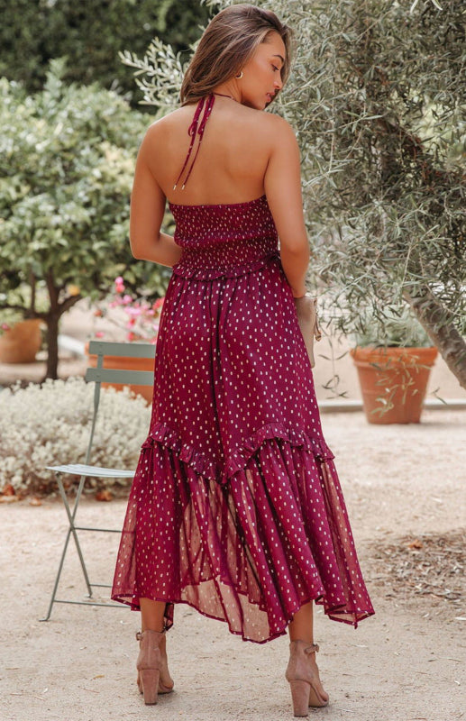 Red Polka Dot Print Ruffled Halter Neck Backless Long Dress