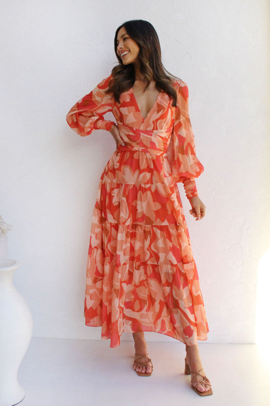 Women's V-neck long-sleeved floral long-sleeved dress