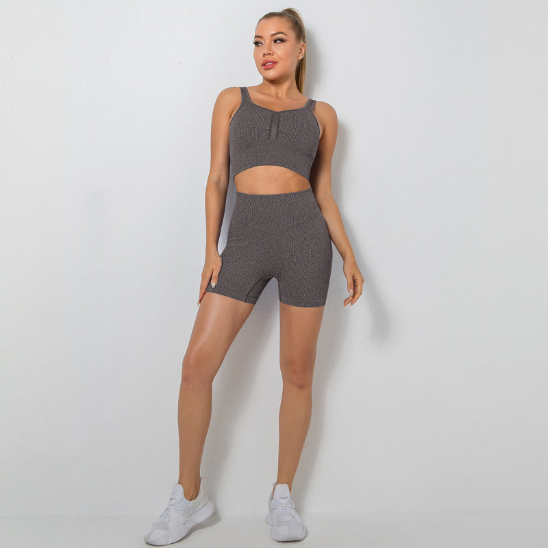 Women's Seamless High Waist Peach Gym Shorts Vest Sports Two-piece Set