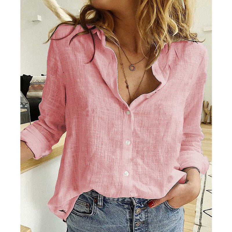 Women's Solid Color Casual Loose Long Sleeve Linen Shirt