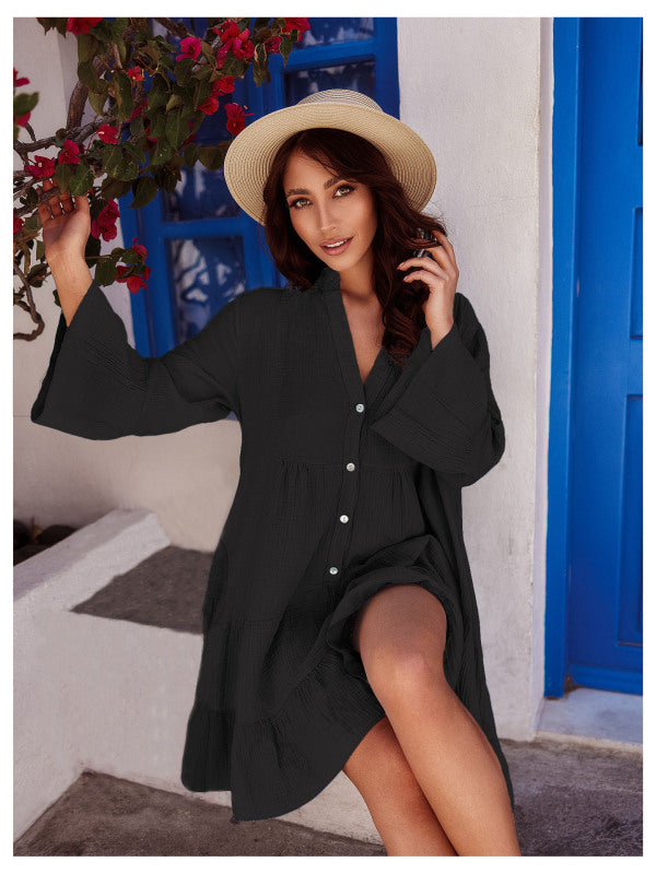 Women's Solid color bell sleeve long sleeve dress