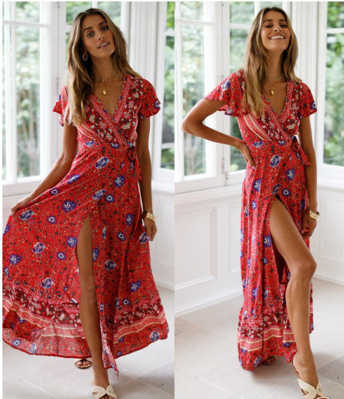 Bohemian long skirt national style sexy V-neck cardigan tunic print dress