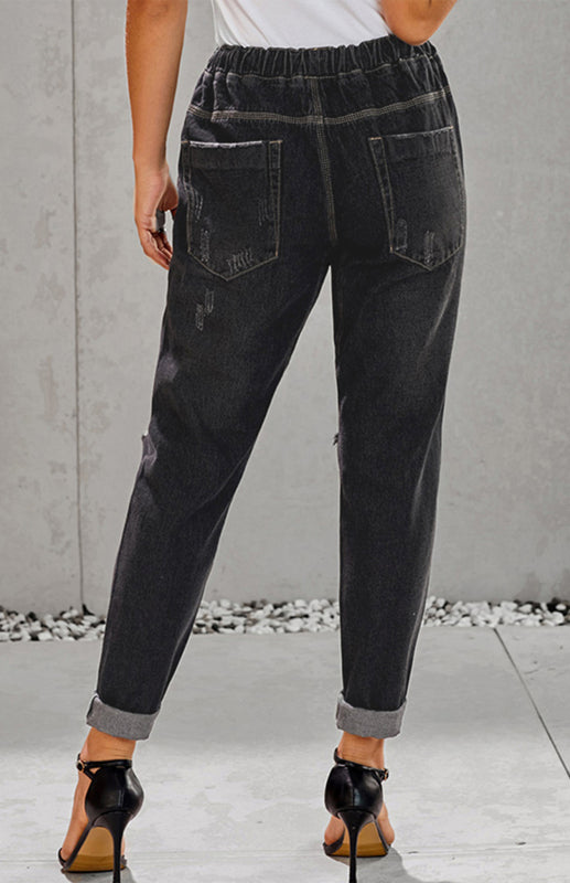 Distressed Drawstring Gather Round Distressed Pocketed Denim Jogger