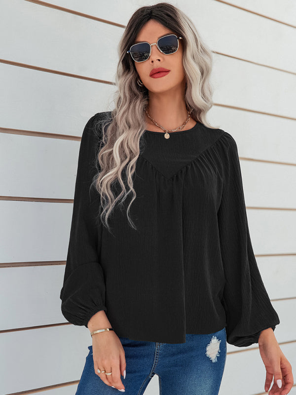 Women’s Loose Fit Solid Color Long Sleeve Linen Blouse With Pleated V Hem Across The Chest