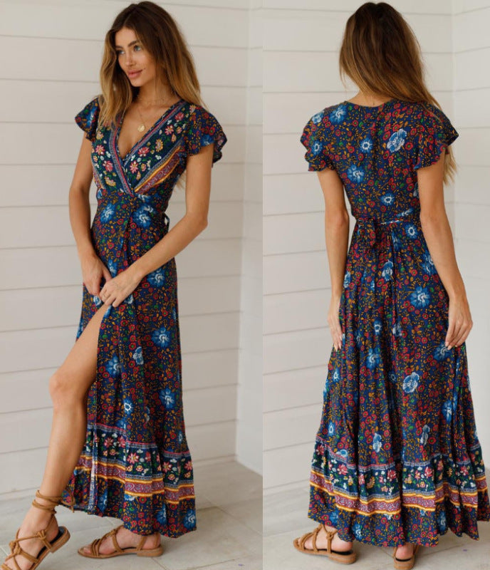 Bohemian long skirt national style sexy V-neck cardigan tunic print dress