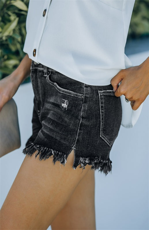 Frayed High Waist Button Zip Pocket Raw Hem Distressed Washed Denim Shorts