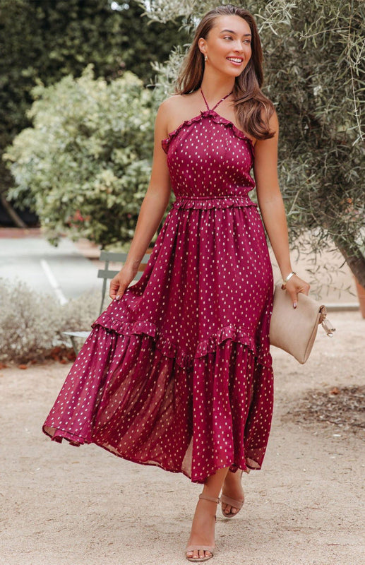 Red Polka Dot Print Ruffled Halter Neck Backless Long Dress