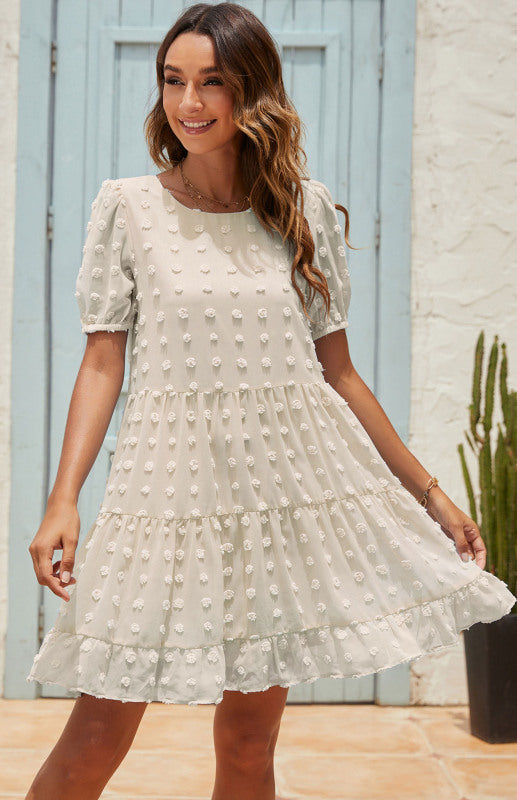 Round Neck Puff Sleeve Jacquard Casual Dress