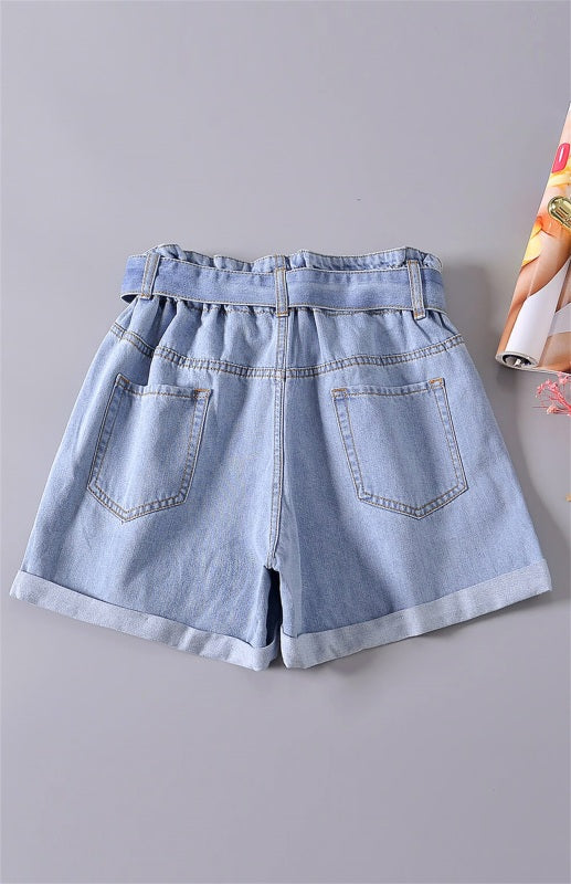 Women's Fashion Paper Bag Waist Denim Shorts