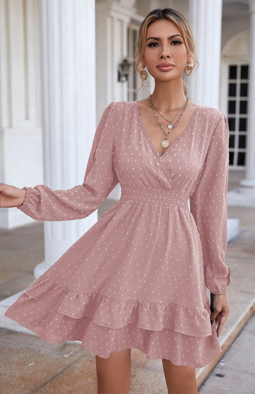 Ladies V-Neck Dress With Long Sleeves And Flounces