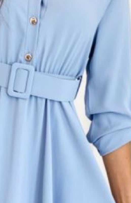 Lapel Button Solid Color Roll Sleeves Nipped Waist Shirt Dress