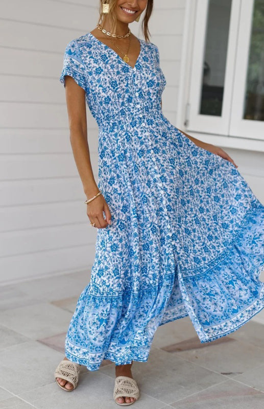 Ladies V-Neck Front Center Button Long Print Dress