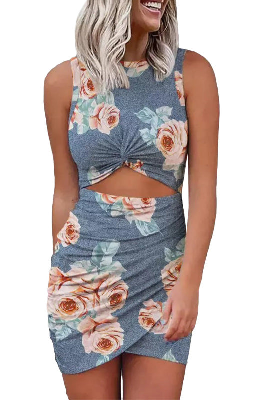 Women’s Summer Floral Print Cut Out Wrap Tie Knot Dress