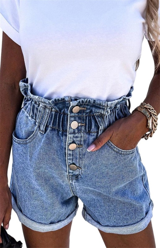 Women's Gray Ruffled High Waist Buttoned Denim Shorts