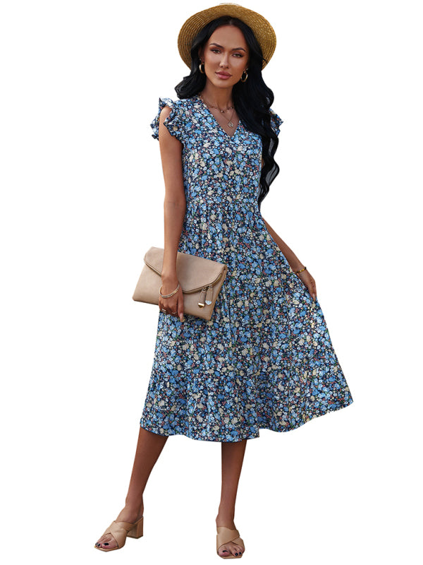 Women's V-neck flying sleeve floral dress long skirt